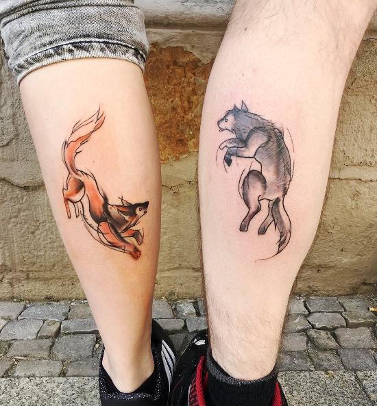 170 idées et inspirations créatives de tatouage de frères et sœurs couleur de croquis de renard et de loup