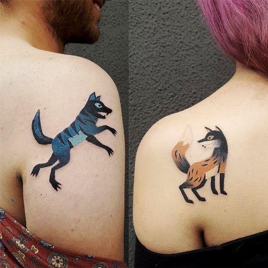 170 idées et inspirations créatives de tatouage de frères et sœurs loup et renard abstrait