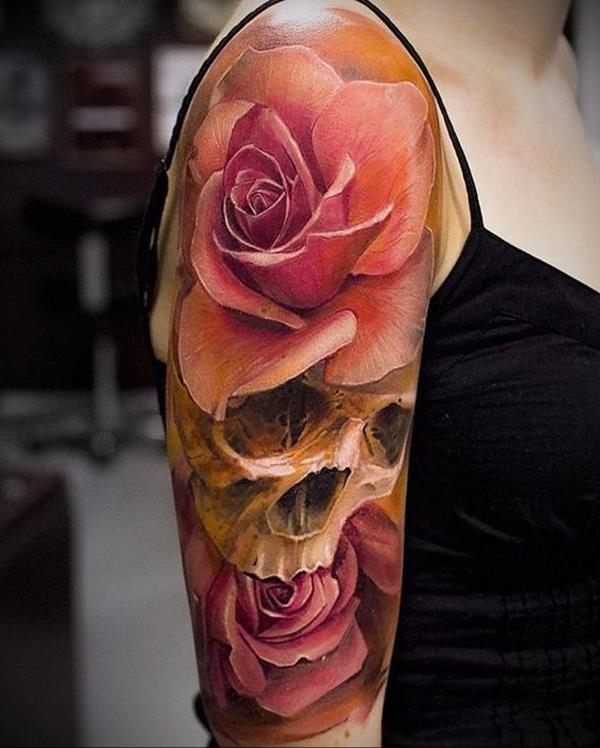 3d tatuaż rękawy róże czaszka
