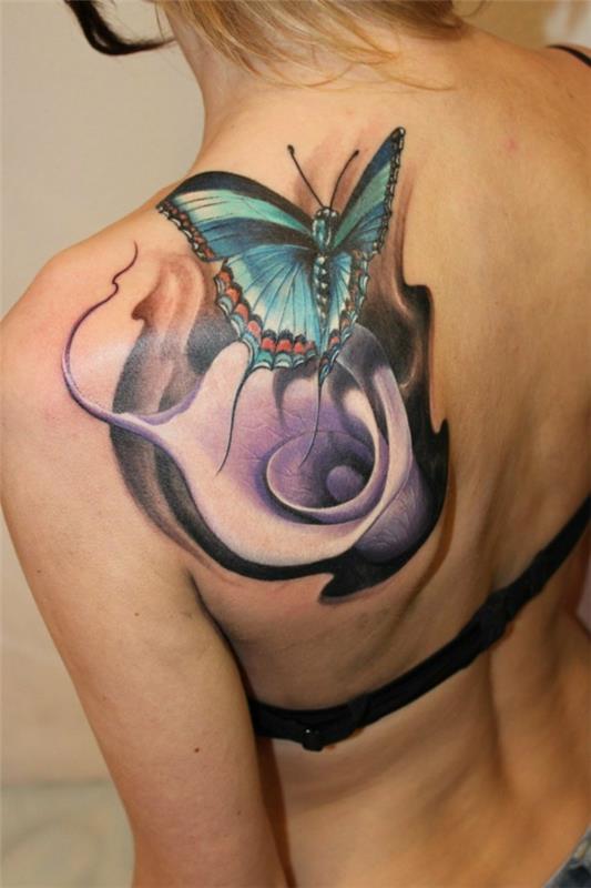 3d tatuaże kobiety z powrotem ramię motyl calla
