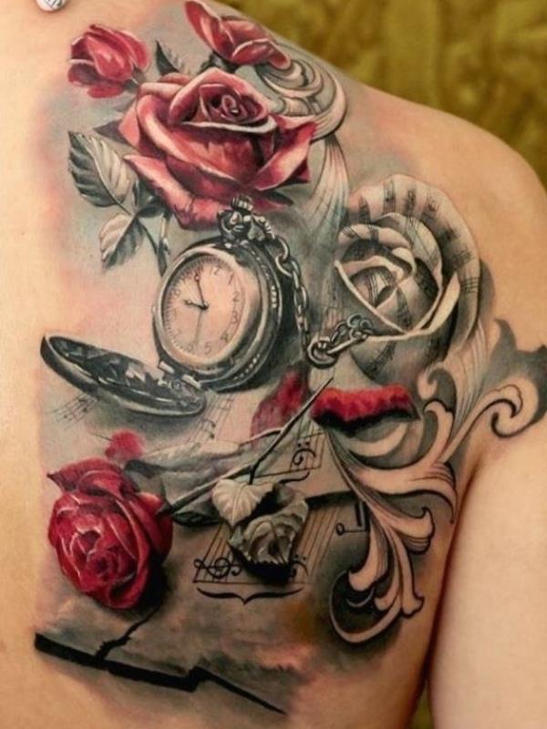 3d tatuaże damskie zegarki z powrotem róże