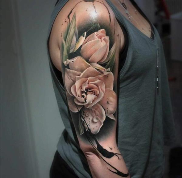 3d tatuaże całe ramię kwiaty