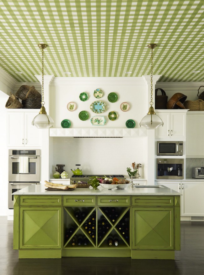 Grüne Tapete in einem Käfig an der Decke einer gemütlichen Küche