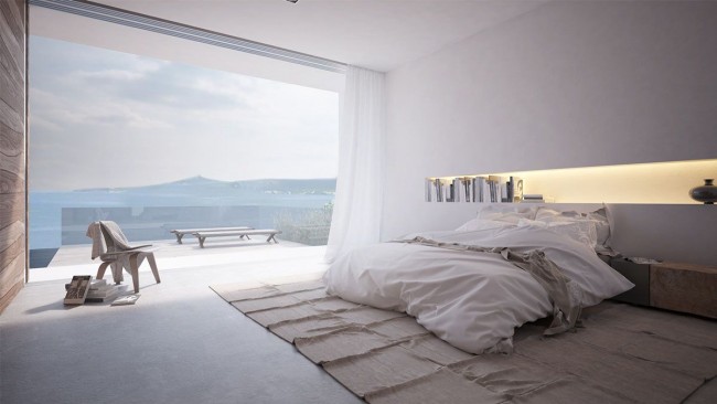 Okno na celé zdi v ložnici ve stylu minimalismu
