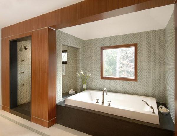 Meble łazienkowe ze stylowym drewnianym oknem ściennym