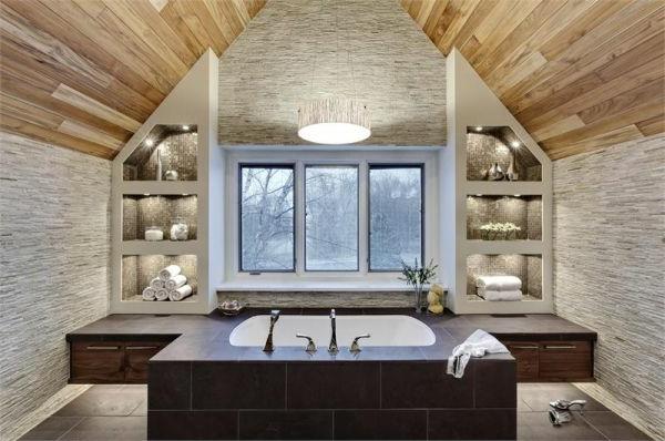 Wnętrze łazienki ze stylowymi teksturami materiał budowlany umywalka wanna