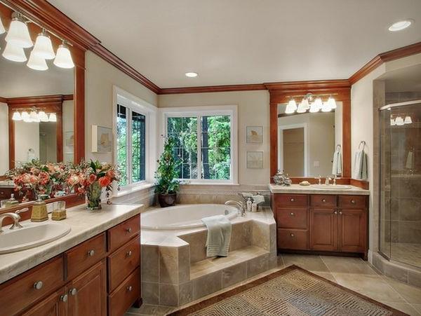 Wnętrze łazienki ze stylowymi teksturami powierzchni drewna lustro dywanowe