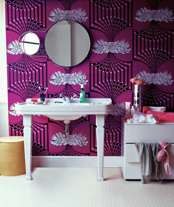 łazienka wzór ściany tapeta dekoracyjna okrągłe lustro ścienne