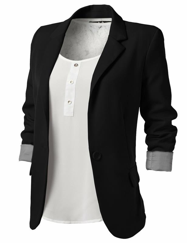 Veste femme H&M, noire, élégante, sportive avec un haut blanc