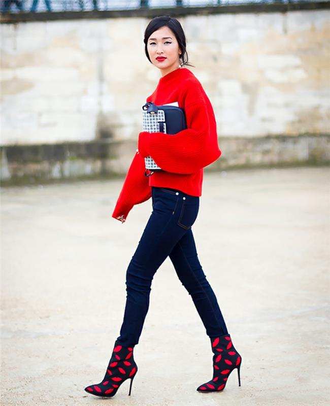 Pull femme rouge vif jean chaussures à talons