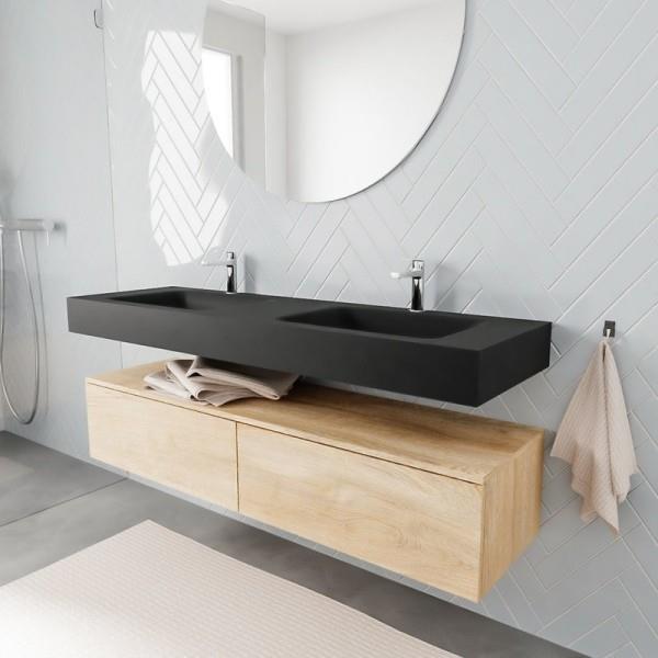 Umywalka wolnowisząca z szafką do stylowej łazienki, nowoczesna i szykowna w matowej czerni i drewnie