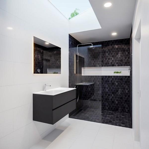 Umywalka wolnowisząca z szafką do stylowej łazienki czarno-biała nowoczesny modny