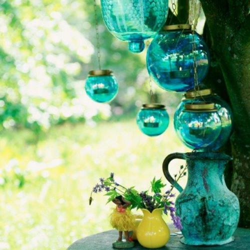 Accessoires de jardin Gartendeko lanternes bleues en verre coloré