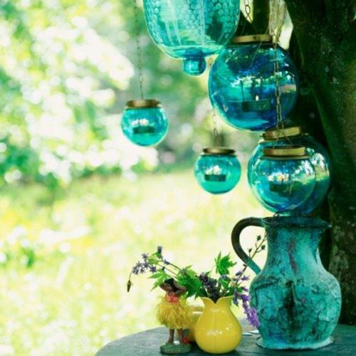 Accessoires de jardin Gartendeko lanternes bleues en verre coloré