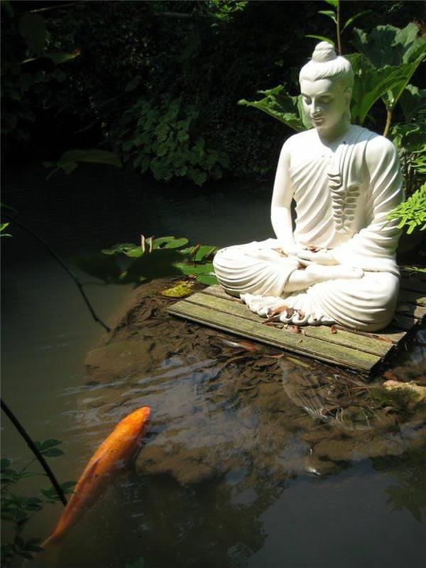Photos d'étang de jardin Statue de Bouddha Poissons de culture d'Extrême-Orient