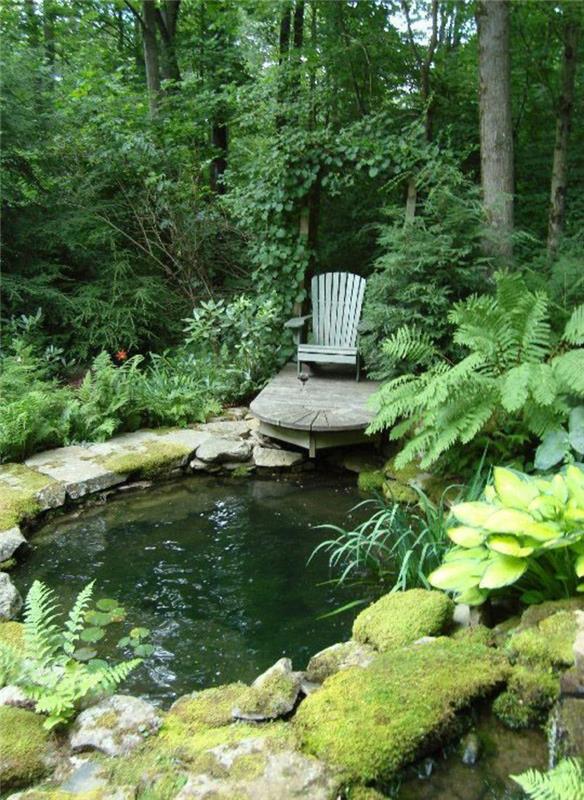Photos d'étang de jardin idées de jardin créatives plantes de jardin d'eau étang chaise en bois