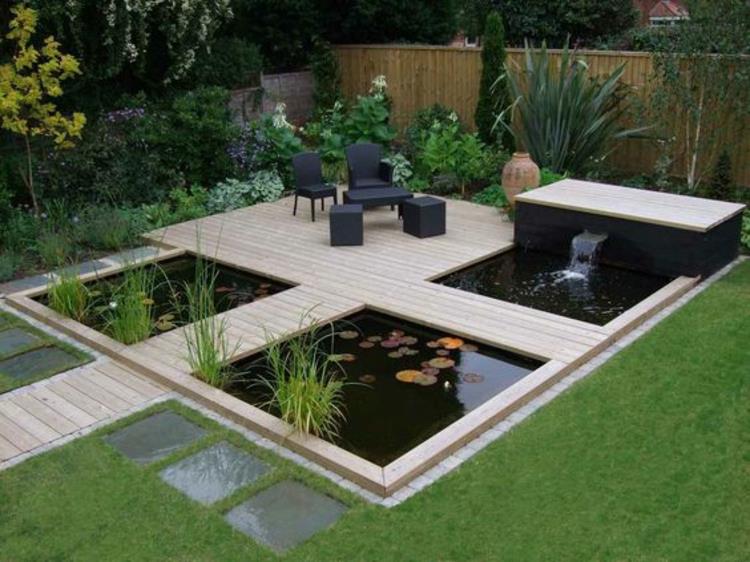 Un étang de jardin représente un design de jardin moderne dans un style japonais