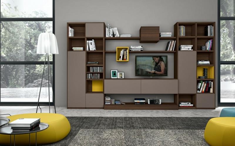 Idées pour la conception de mur créatif salon meuble TV mural étagères ouvertes bois