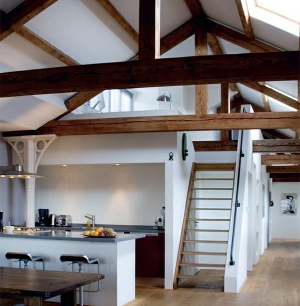 La cuisine de style campagnard conçoit le toit d'escalier de table à manger
