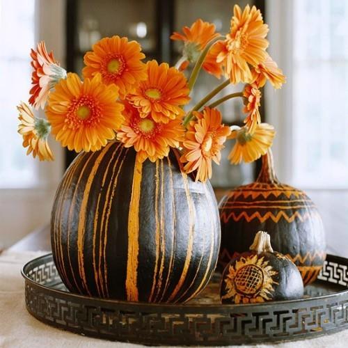 Pot de fleur citrouille boucle rayée noir orange Herbstastern belle décoration de table