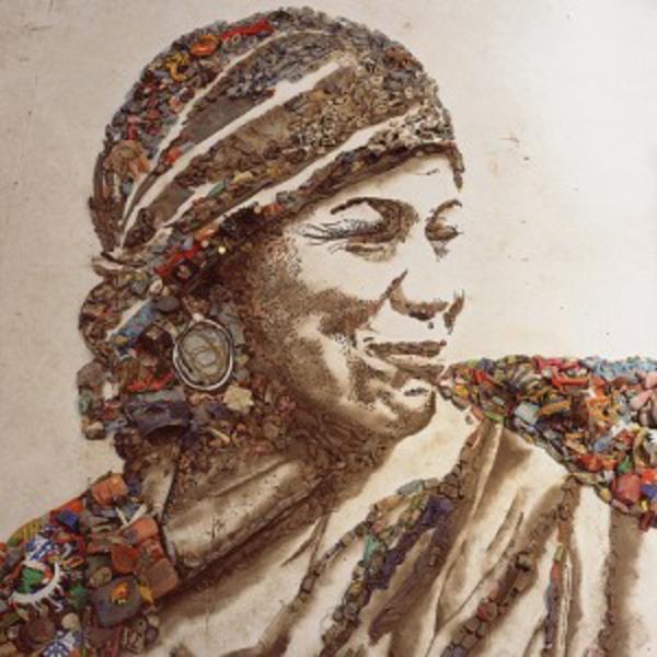 Grafika wykonana ze śmieci i śmieci śmiejąca się kobieta