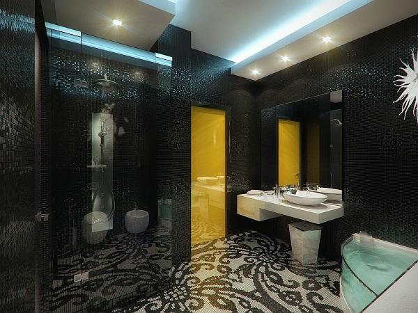 Appartement de luxe au design floral de salle de bain jaune et noir