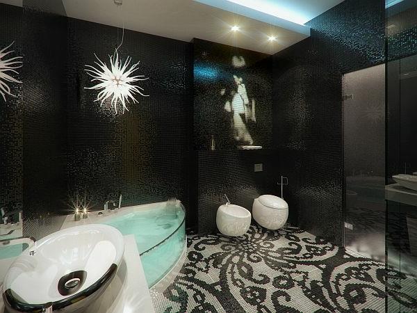 Appartement de luxe en mosaïque de carrelage salle de bain jaune et noir