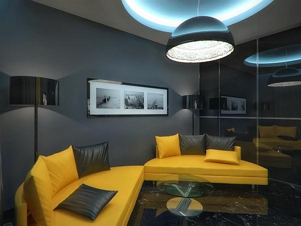 Appartement de luxe dans le salon jaune et noir oreillers jaunes noirs