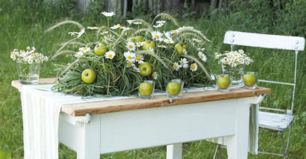 Décoration de table Marguerites à l'extérieur de l'herbe des pommes vertes sur une vieille table en bois