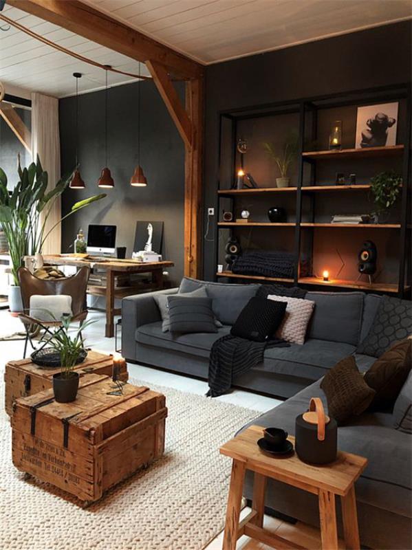 Męski i elegancki nowoczesny salon, jasne naturalne drewno, ciemne kolory, dużo szarości