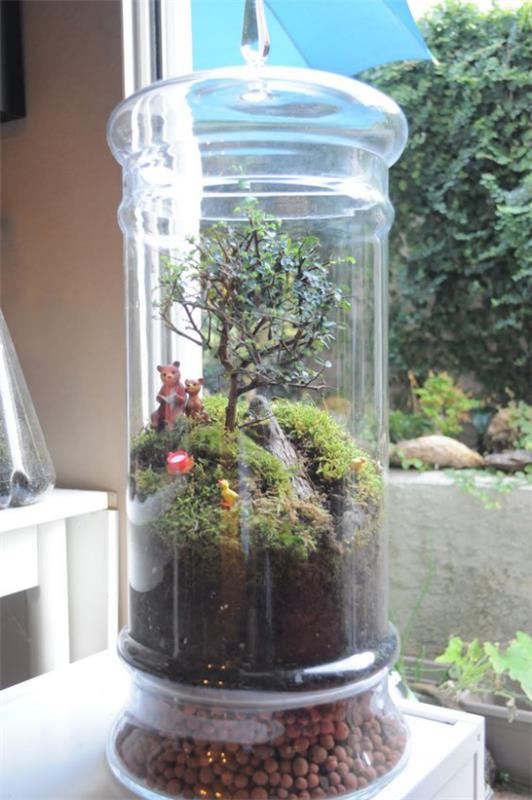 Mini ogródek w szklanym wysokim szklanym pojemniku małe drzewko dwa niedźwiedzie dużo kamieni mchu