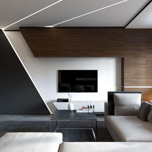 Minimalizm w salonie geometryczne kształty wyraźne linie typowe dla stylu wbudowanego światła
