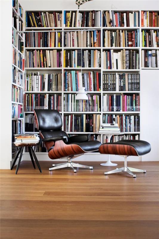Bibliothèque de maison moderne étagères fauteuil confortable table d'appoint tabouret pur confort