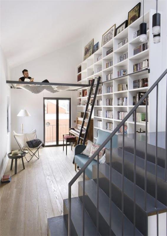 Maison moderne bibliothèque hamac escaliers ambiance blanche super moderne
