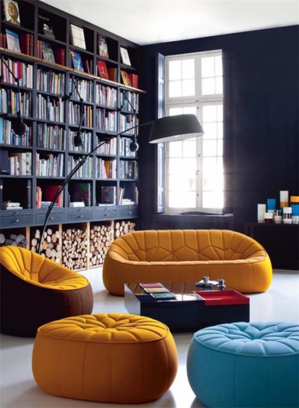 Sièges de bibliothèque à la maison modernes dans des couleurs vives lampe à arc design de chambre chic