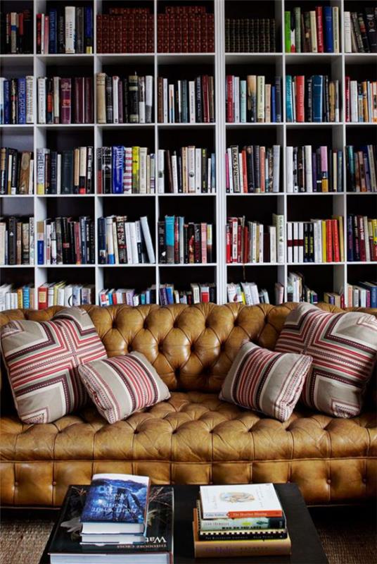 Bibliothèque à la maison moderne canapé en cuir chic quelques oreillers moelleux beaucoup de livres confortables