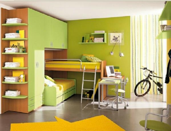 Escalier de lit mezzanine vert jaune design de chambre multifonctionnel