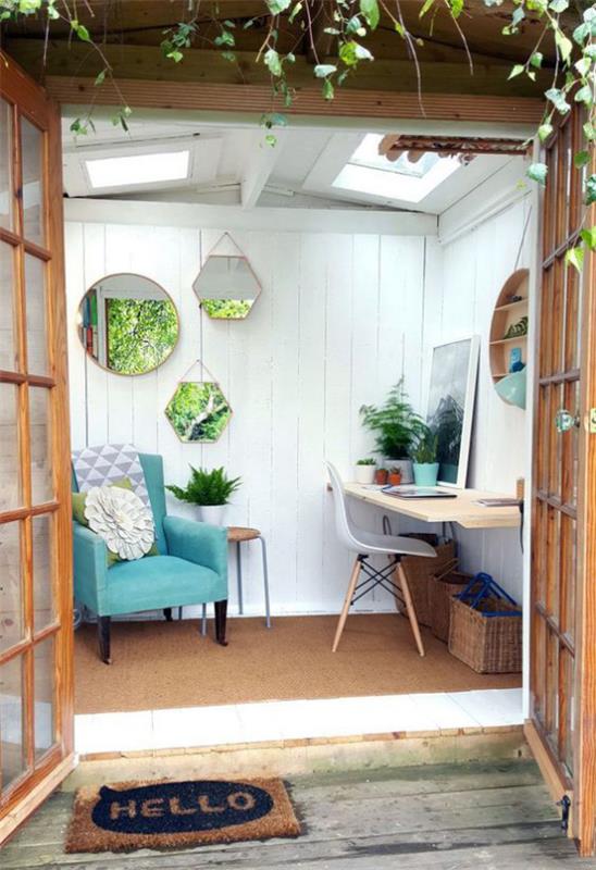 Tendances extérieures 2020 Maison de jardin aménagée comme une chaise de table de bureau à domicile pratique fauteuil bleu miroir mural