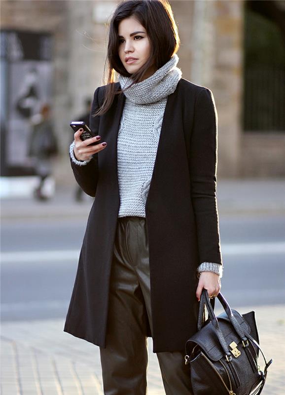 Col roulé femme manteau en laine sac en cuir noir