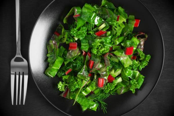 Poczuj się zdrowo przeciwko zachciankom zielona sałata z warzywami liściastymi rabarbarową pietruszką