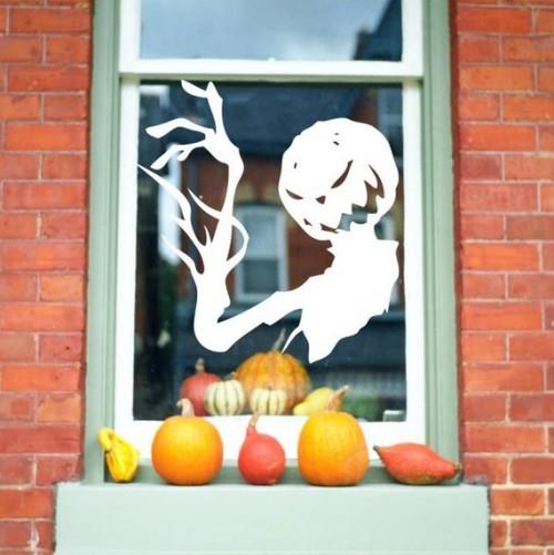 Straszny Halloween dekoracja okienna sylwetka dynie za oknem