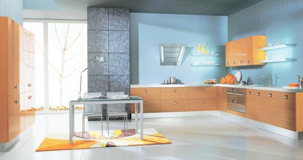 meubles bleu peinture murale bois armoires de cuisine marron