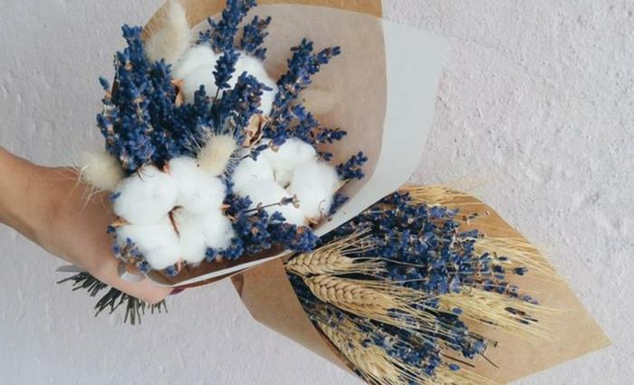 Bouquet de décoration fleurs séchées coton lavande