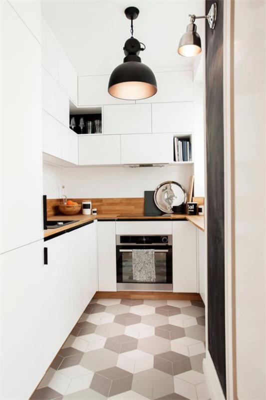 Kuchnia podziemna, biały klimat, czystość, idealny porządek, wzorzyste heksagonalne płytki podłogowe