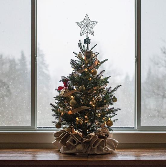Świąteczna dekoracja okienna mała stylowo udekorowana choinka w doniczkowym jutowym worku gwiazda złote błyszczące kulki