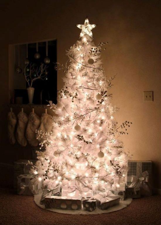 Arbre de Noël décorer en étoile blanche et argentée toutes les lumières allumées magnifique accroche-regard dans la pièce sombre