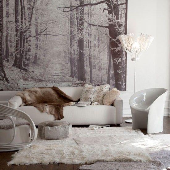 Décoration d'hiver dans le salon Textures câlines blanc comme neige dans des couleurs claires Paysage de neige au mur une atmosphère chaleureuse très invitante