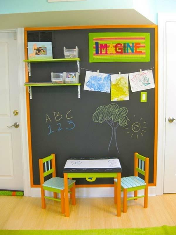 Les murs sont peints à l'intérieur de la chambre des enfants du tableau noir