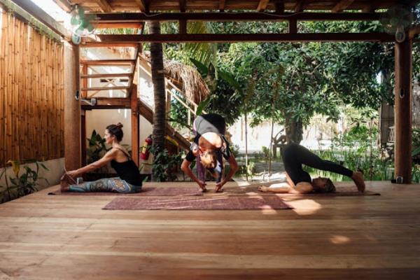 Création et conception d'un jardin de yoga sur une plate-forme en bois, trois yogis pratiquant la protection de la vie privée en bambou
