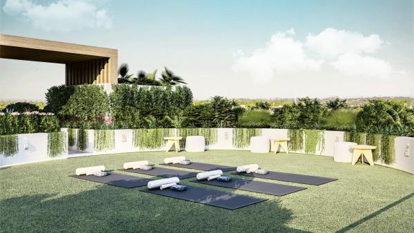 Créez un jardin de yoga et concevez l'espace extérieur parfait pour un groupe d'amateurs de yoga, belle conception pratique de tapis de yoga au centre